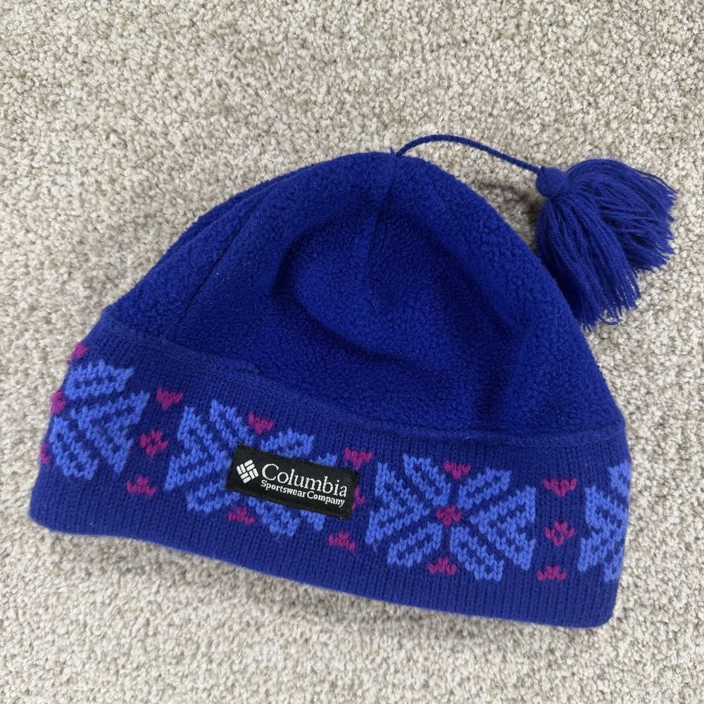 VTG 90s Youth Columbia Fleeace Beanie Hat‎ Winter Ski Tassel Fair Aisle Blue